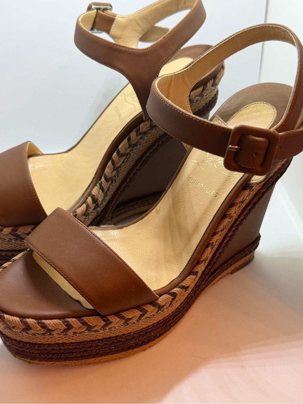 Christian Louboutin Brown Leather Braided Espadrille Wedge Sandals